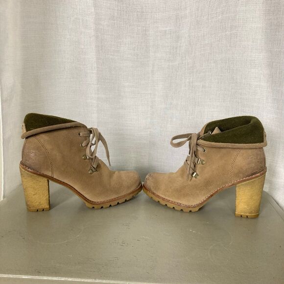UGG Calynda Tan Suede Leather Heeled Booties Lace Up Sz 8 Shearling Lined Fall - Picture 7 of 11